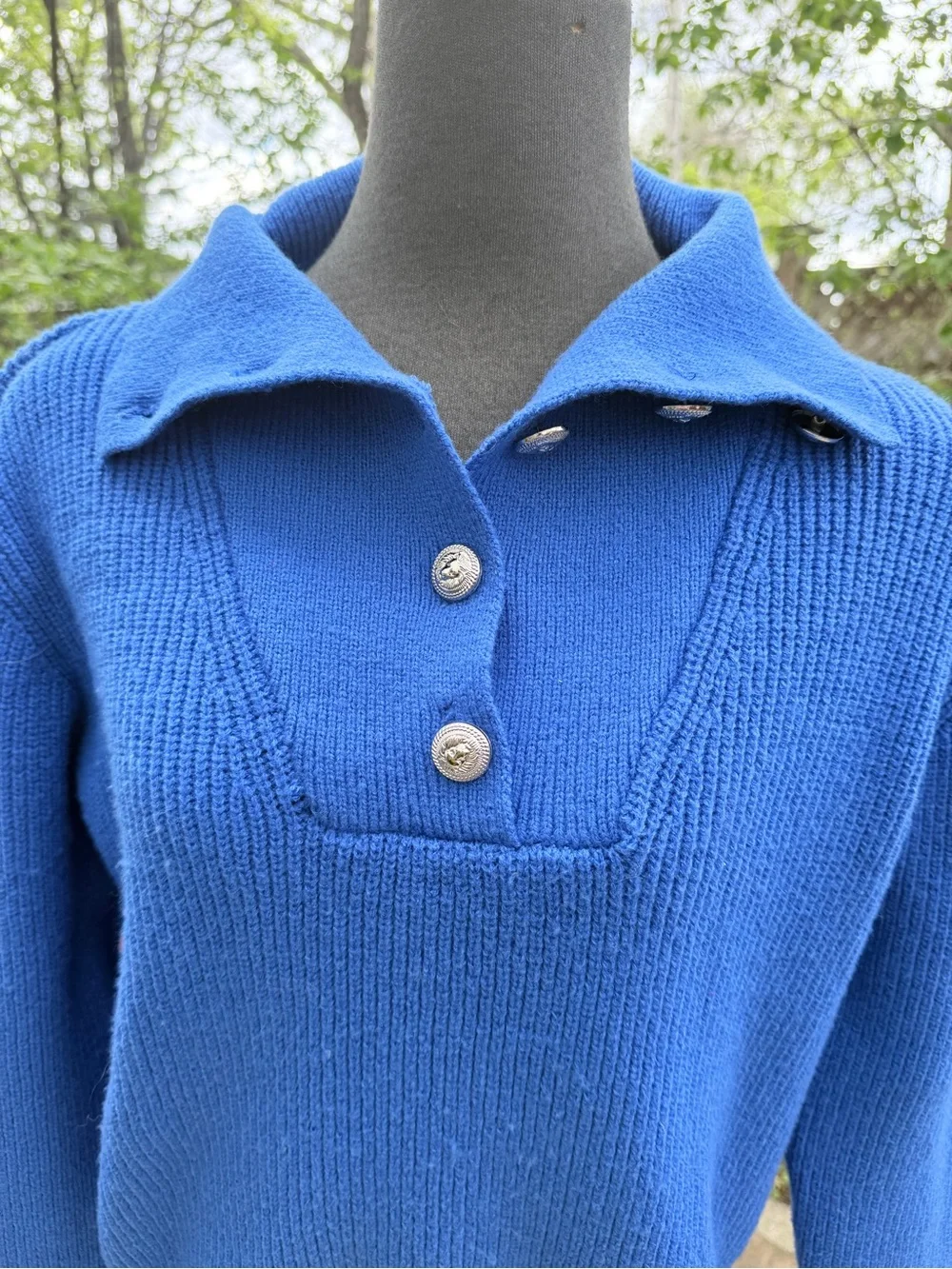 Blue Button-Neck Women’s Sweater - Picture 4 of 10